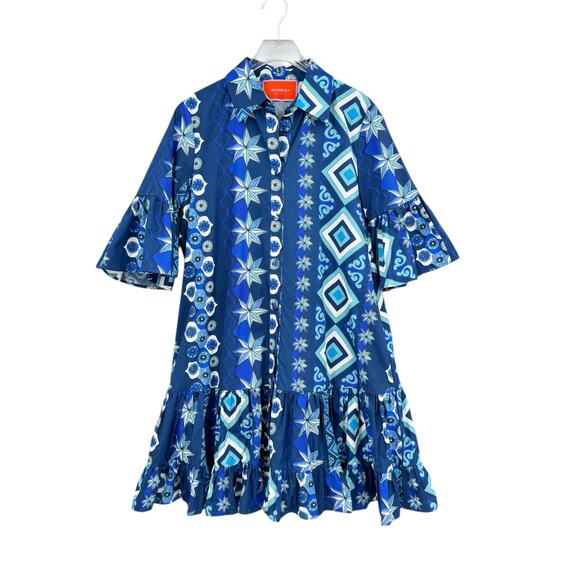 La Double J Choux Costiera Blue Print Flounce Cotton Poplin Mini Shirt Dress - Picture 12 of 16